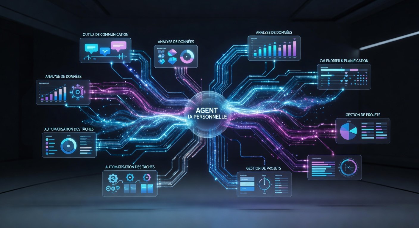 Interface d'agent IA personnelle avec des flux de données et des connexions visuelles entre différents outils